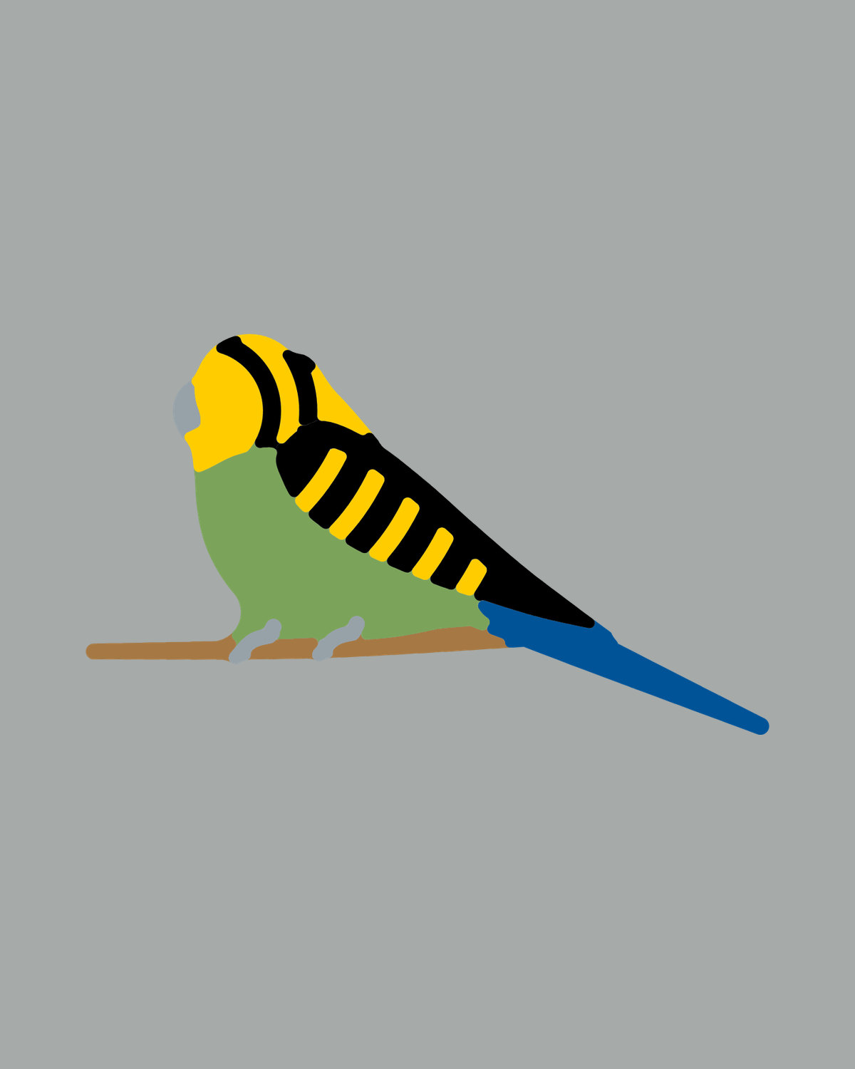 The Budgerigar design on Granite: a green wild-type budgie with a yellow throat and black-barred wings.