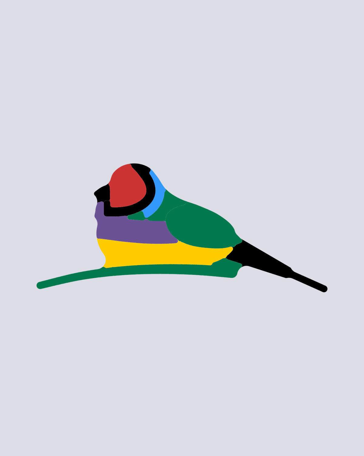 The Gouldian Finch design on Athletic Heather: a red-headed finch with a purple breast, yellow belly and black pin tail.