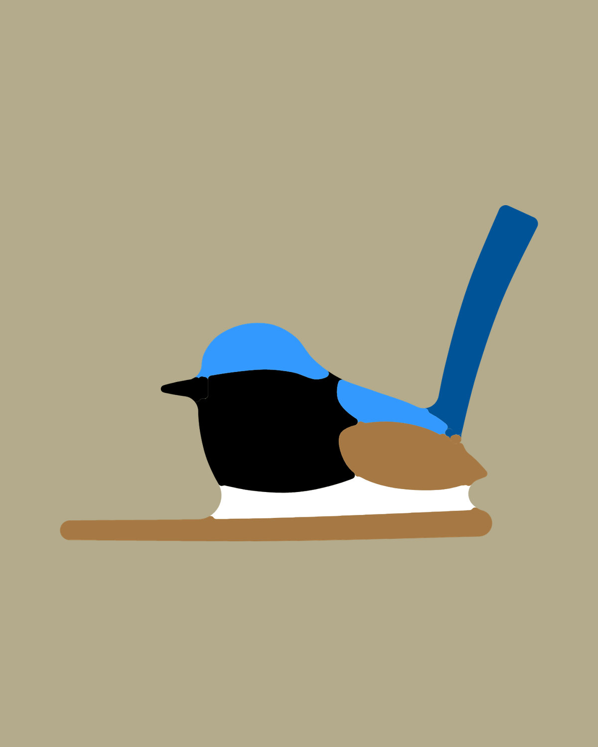 The Superb Fairywren design on Khaki: a blue and black fairywren with brown wings and a cocked tail.